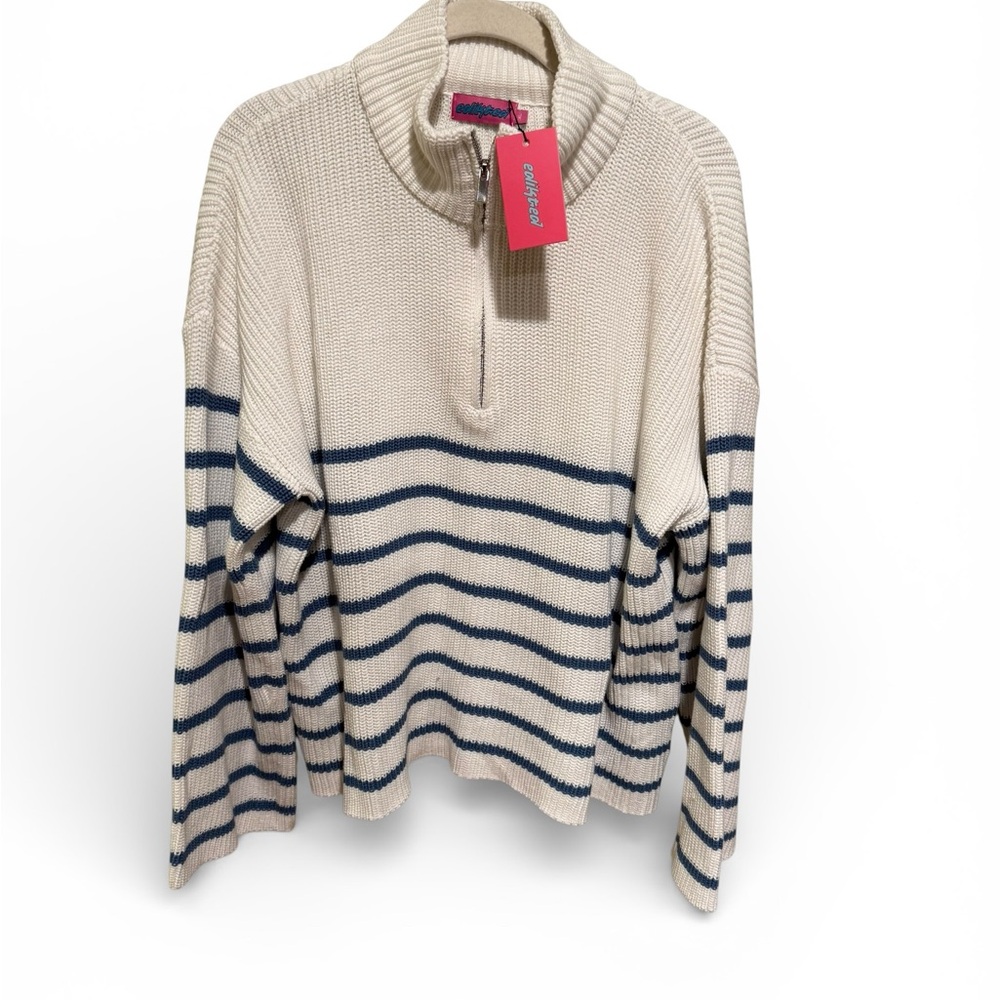 NWT Edikted White Navy Breton Stripe Quarter Zip Sweater Coastal Preppy XL